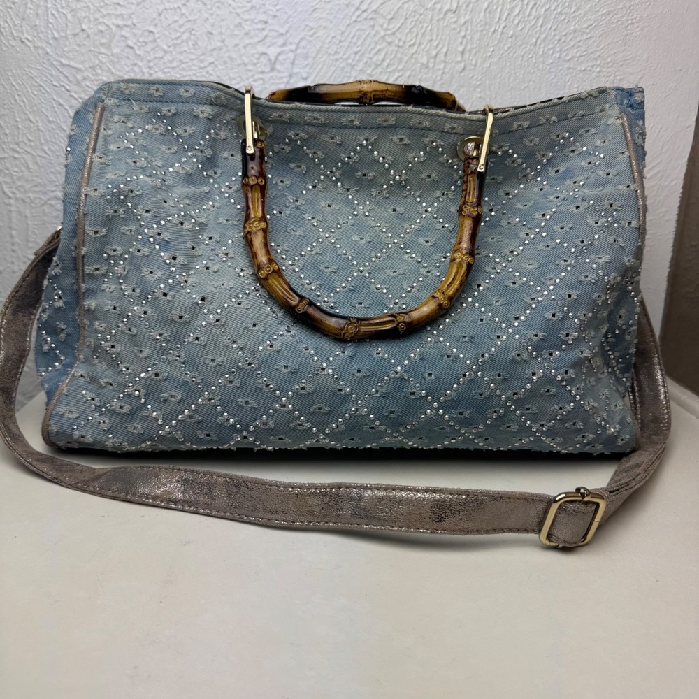Light Blue Quilted Tote with Bamboo Handles and Metallic Strap